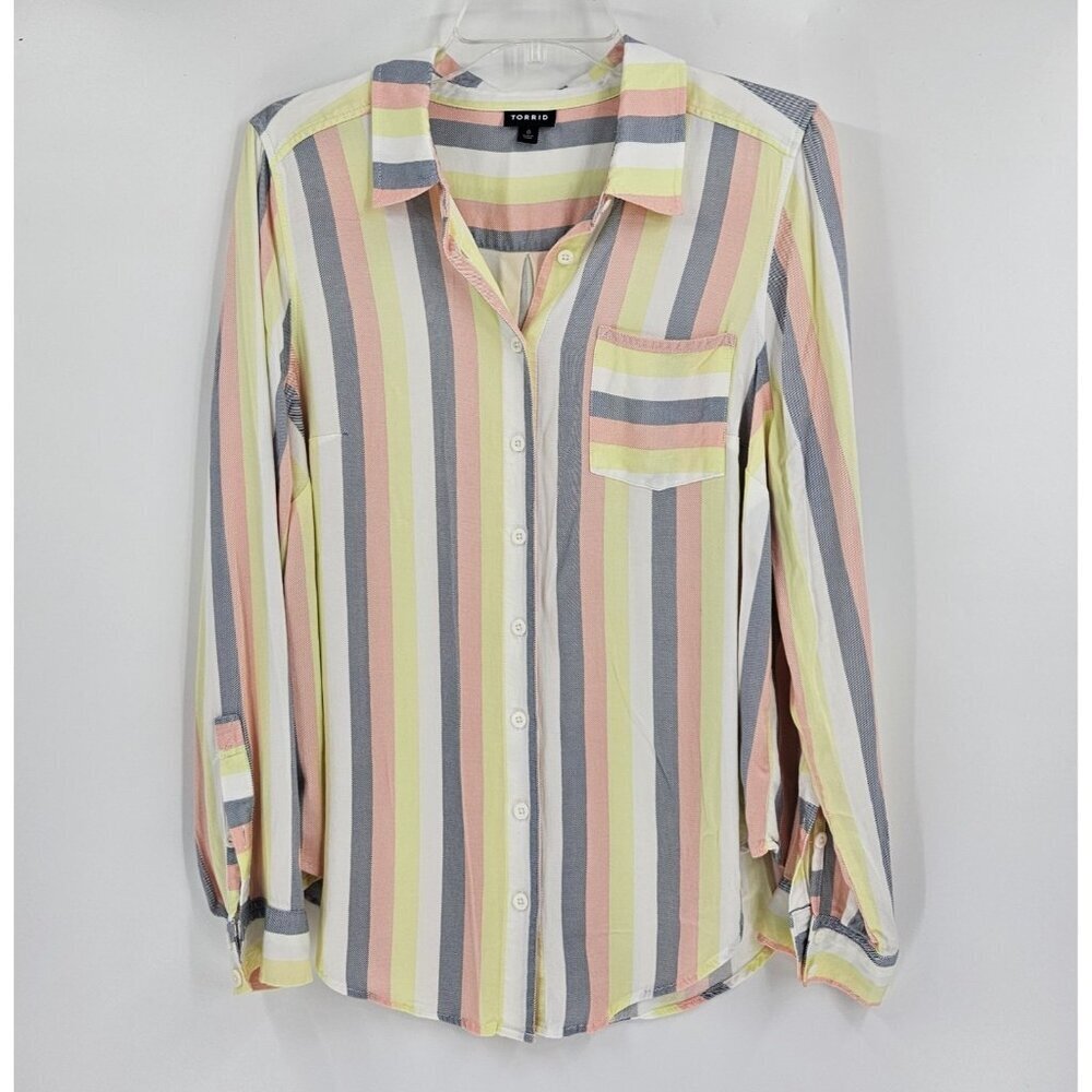 Torrid Lizzie Button-Up Shirt - Stretch Challis Multi Stripe Size 0 (L)